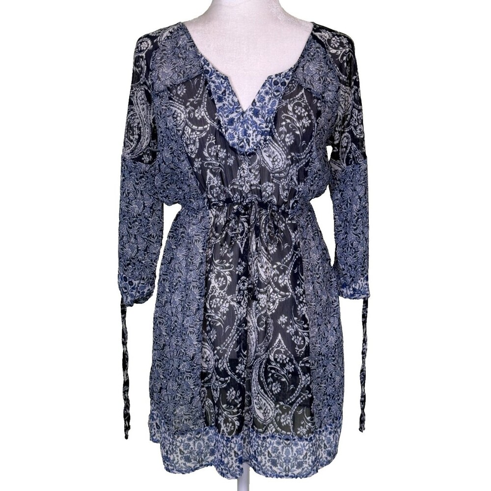 Women Boho Paisley Patchwork Tie Waist Mini Dress Long Sleeve Notch Neck Size Sm